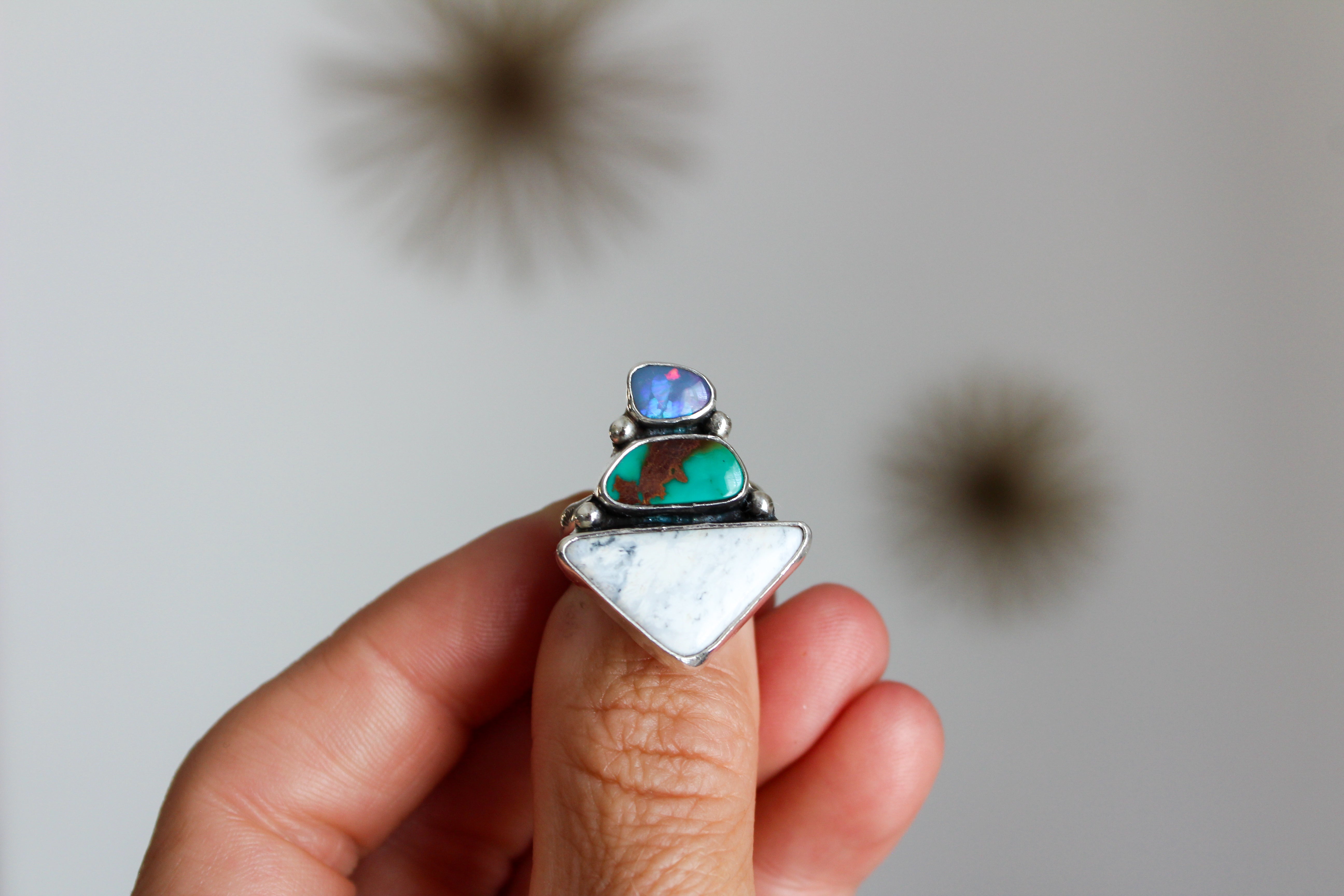 Opal, Pilot Mountain Turquoise & White Buffalo Double Trouble Ring- Size 7