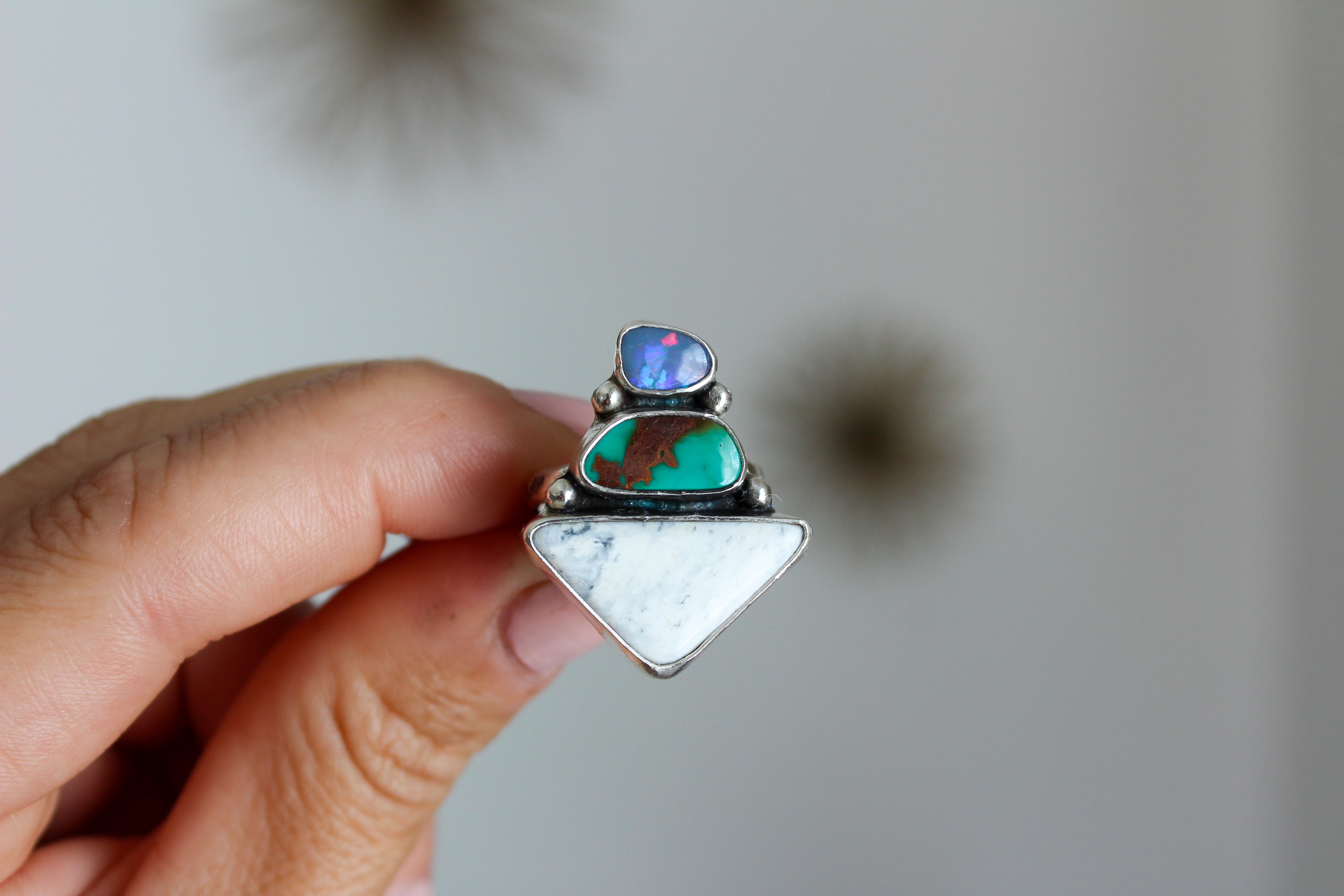 Opal, Pilot Mountain Turquoise & White Buffalo Double Trouble Ring- Size 7