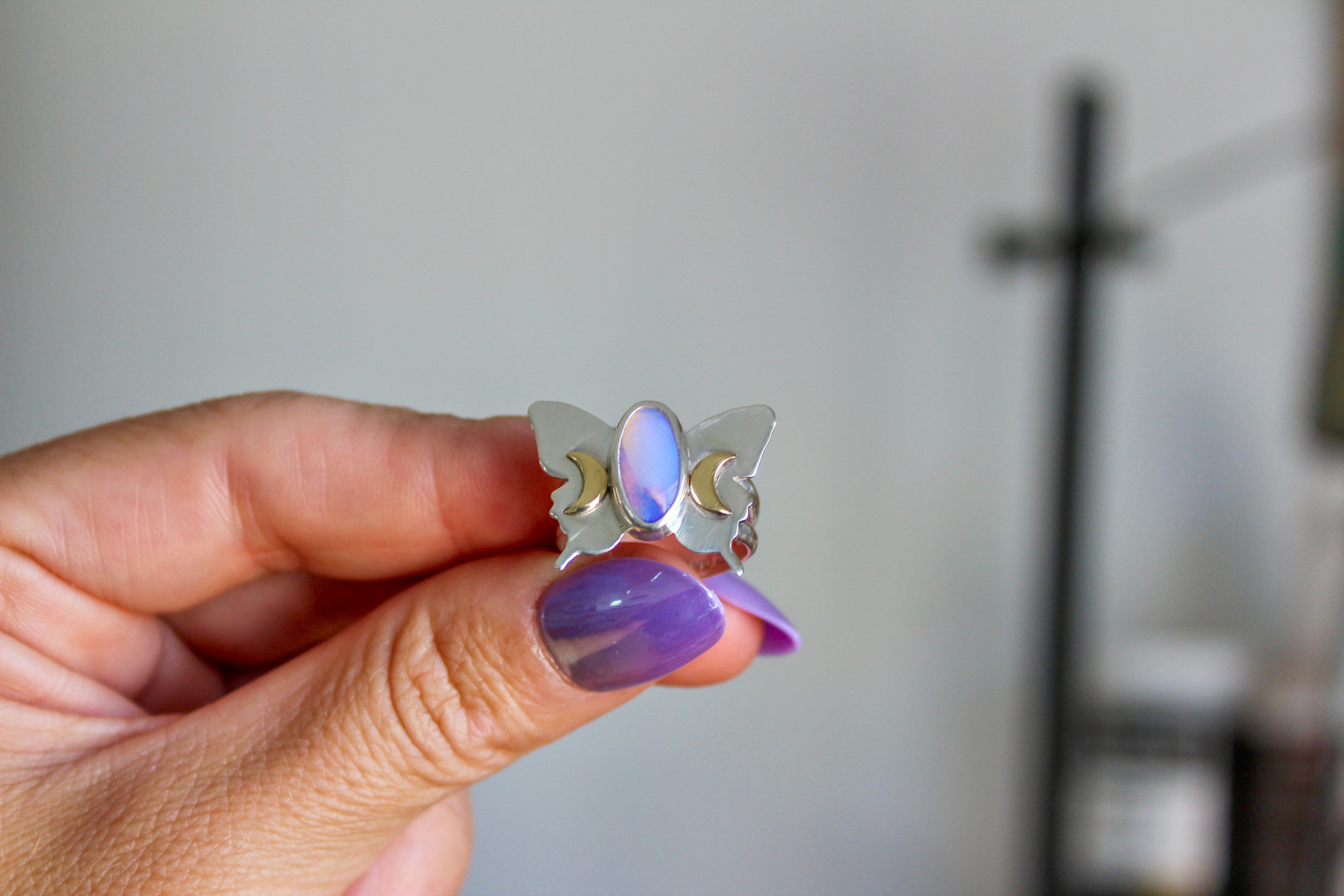 Crescent Wings Australian Wood Opal Ring Size- 7.25