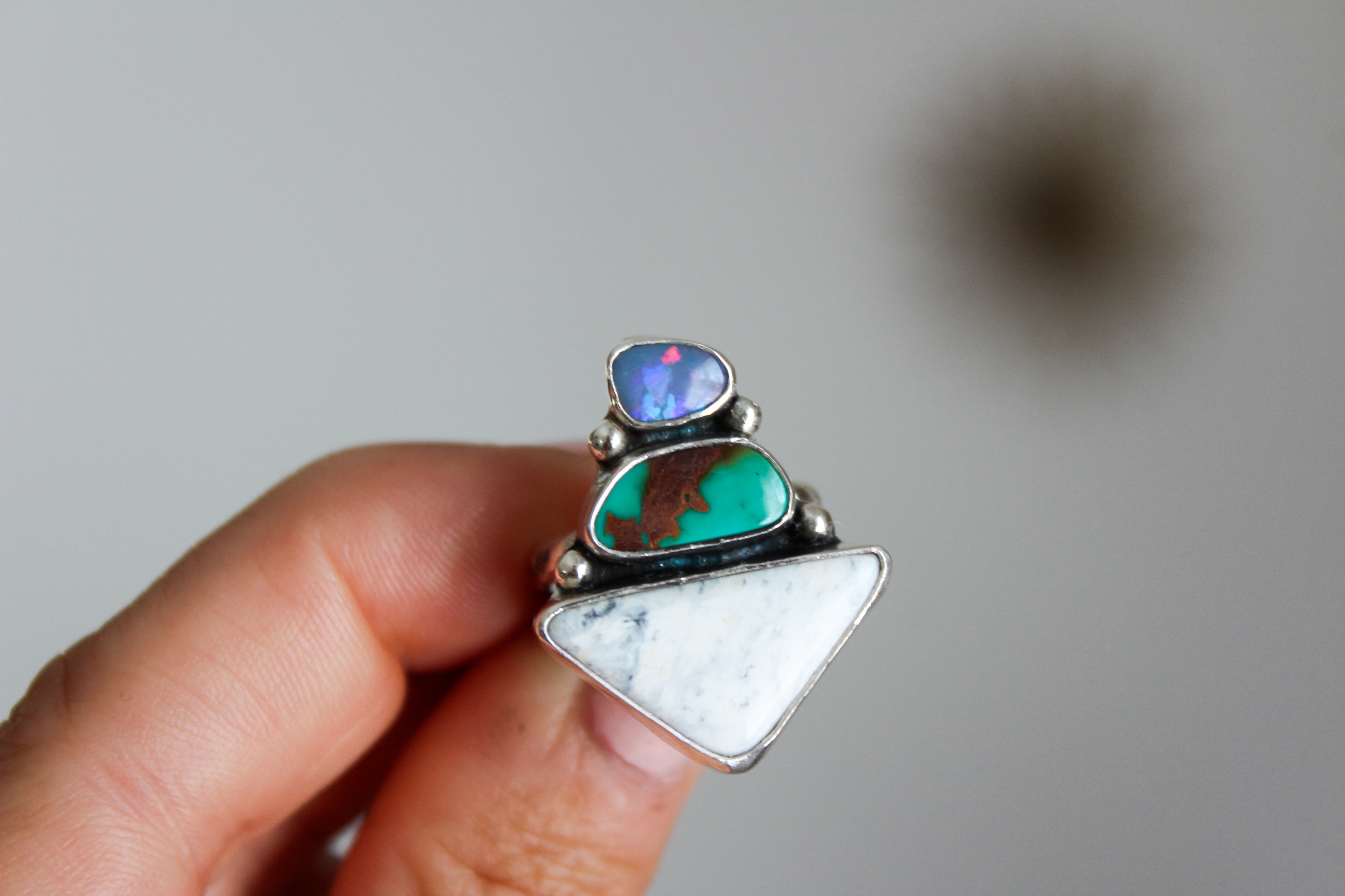 Opal, Pilot Mountain Turquoise & White Buffalo Double Trouble Ring- Size 7