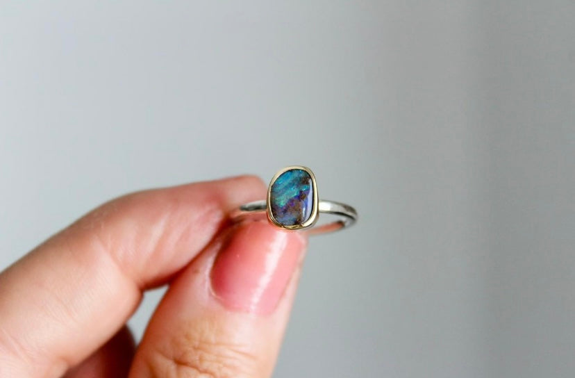 High Grade Boulder Opal 14k Gold Mixed Metals Ring- Size 5.25